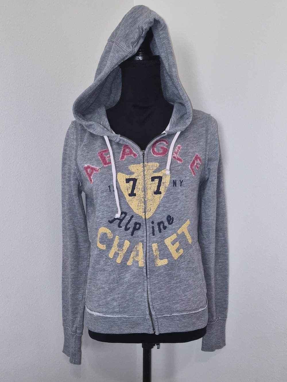 American Eagle Outfitters Gray Zip-Up Hoodie with Yellow Shield & Pink Script
